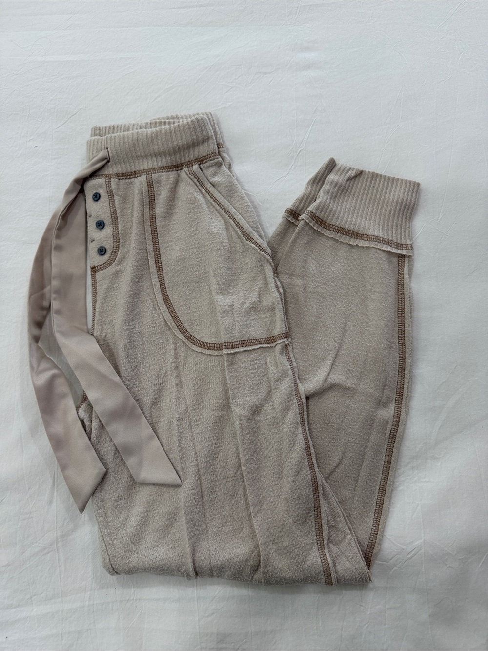 Abercrombie & Fitch Taupe Ribbed-Waist Joggers with Ribbon Tie
